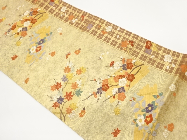 花筏に流水・格子模様織出し袋帯